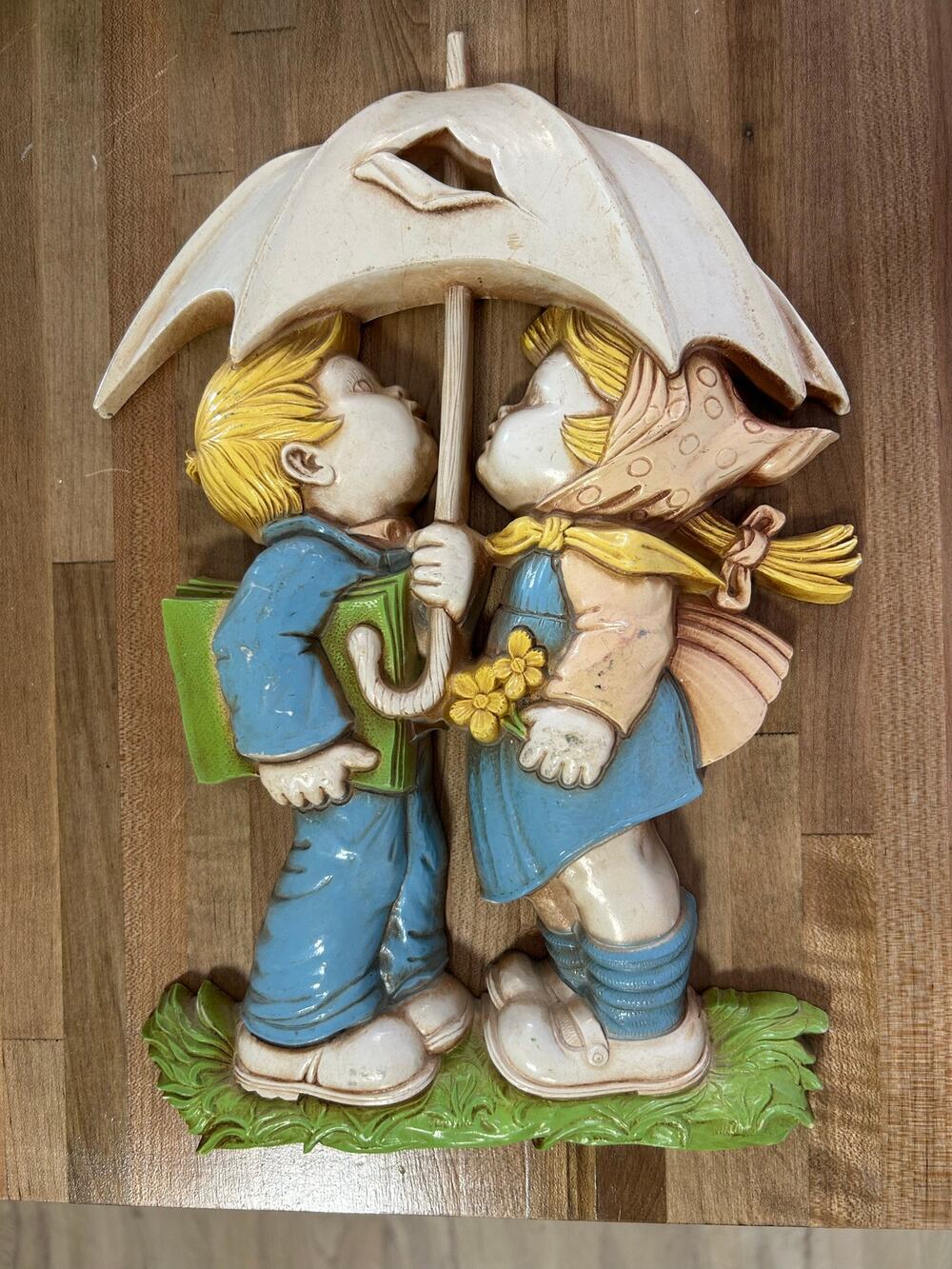 Vintage Boy Girl Under Umbrella Wall Plaque School Kids Retro Nursery Decor 12”